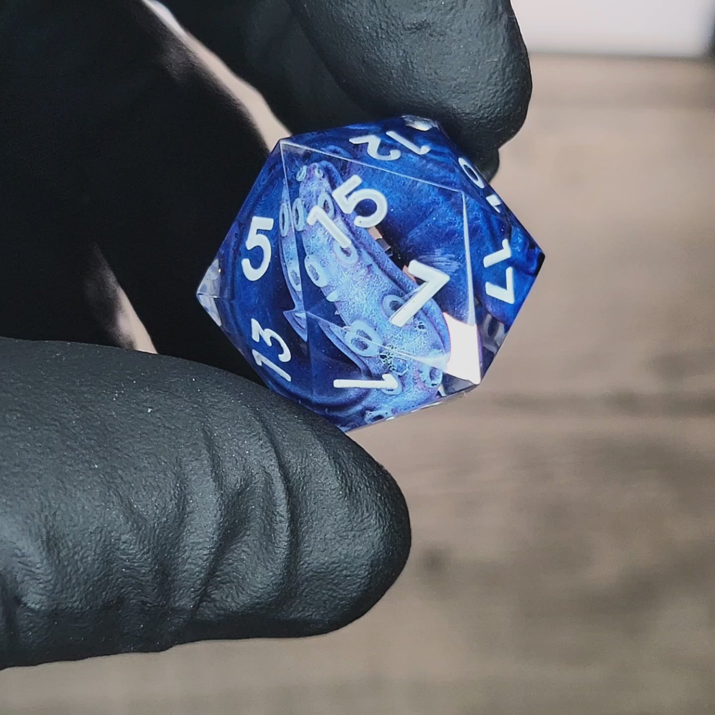 D20 dice with blue tentacles inside and white numbers for play dnd , dungeons and dragons , Call of Cthulhu