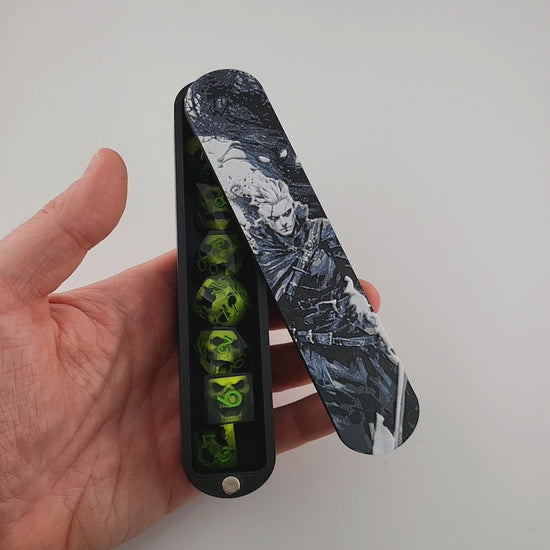 Magnetic D&D dice box featuring a dark fantasy warlock illustration