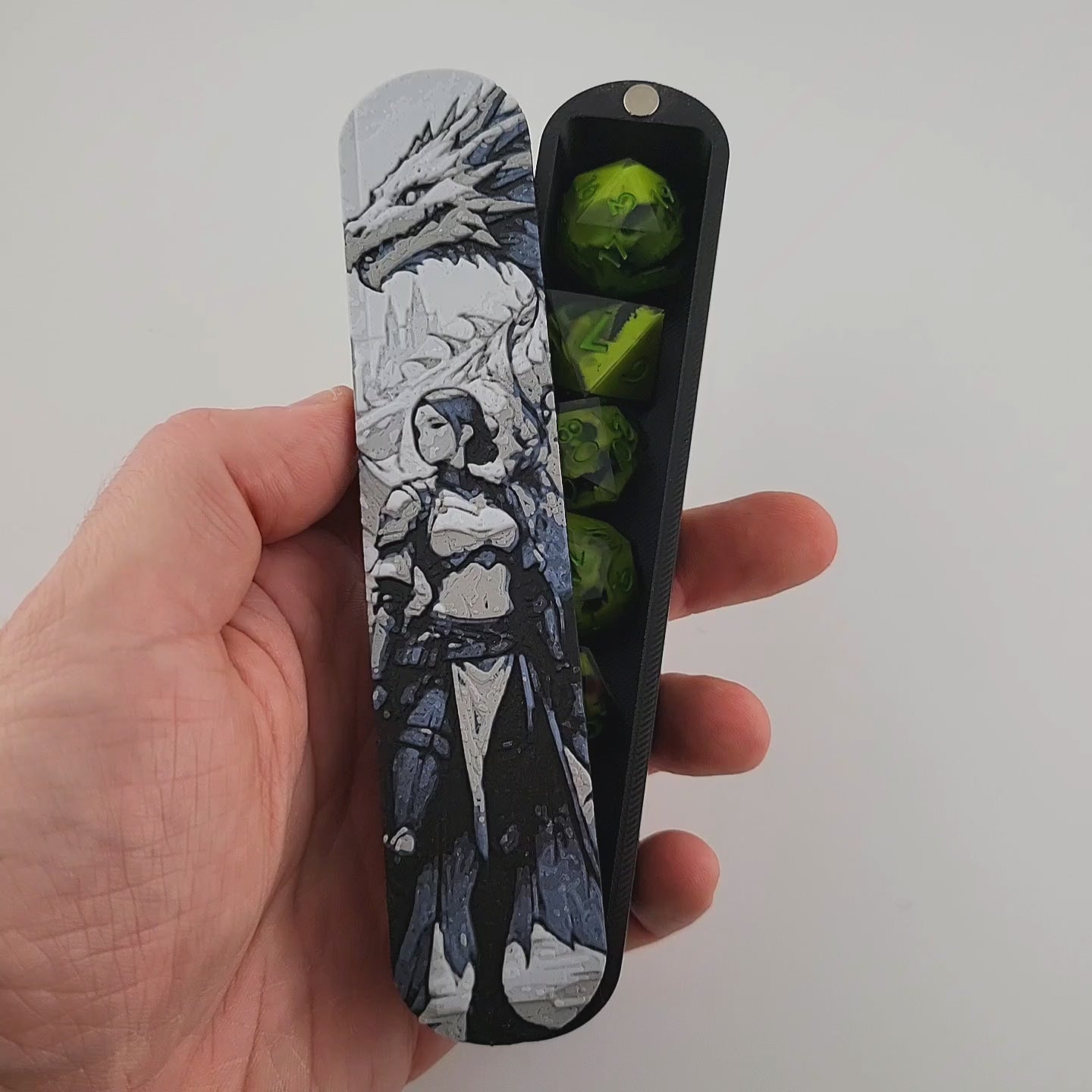 Magnetic D&D dice box featuring a dark fantasy warrior and dragon artwork