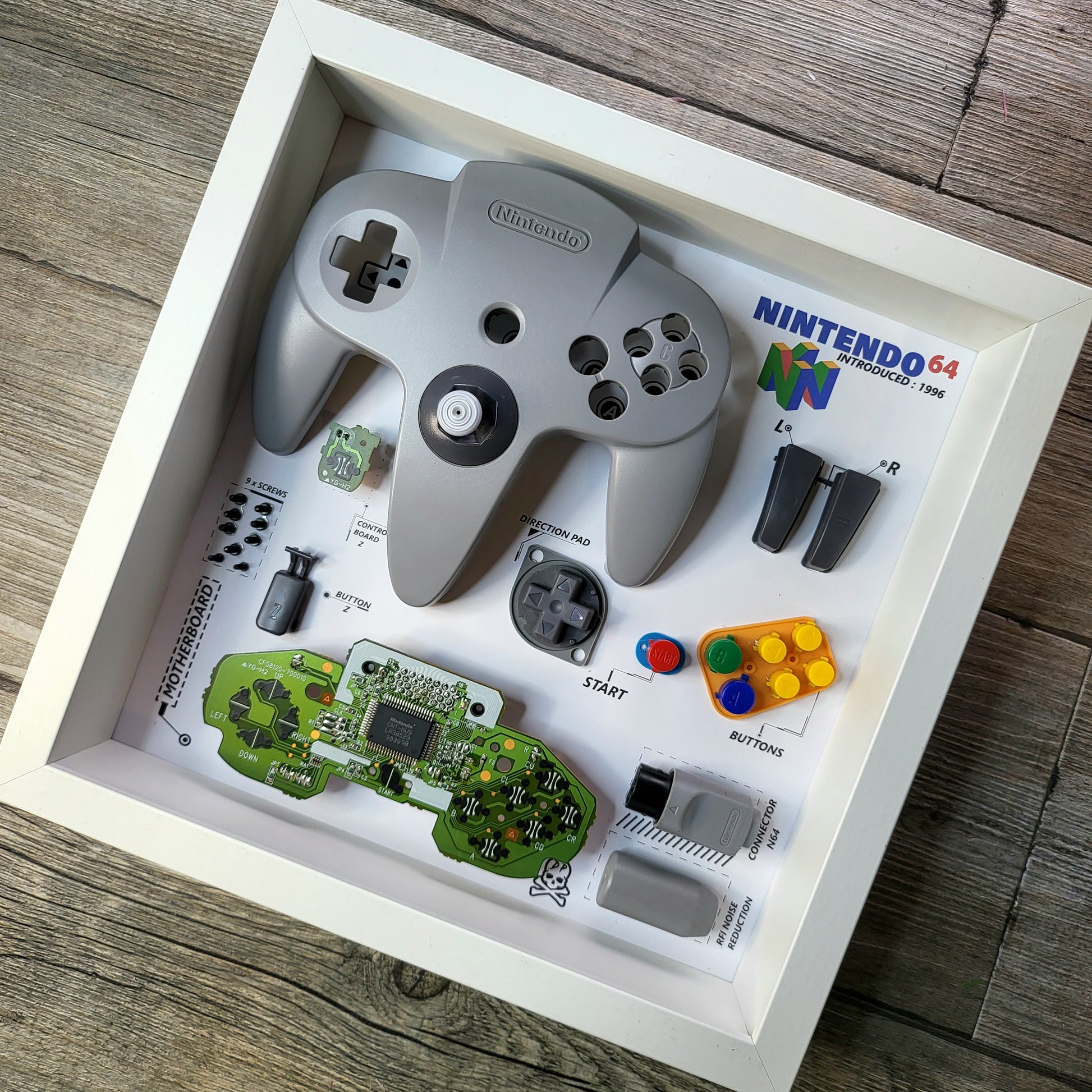 Shadow Box 10x10 with wood frame and polycarbonate glass for wall and Tabletop containing a disassembled controller for Playstation and Nintendo
